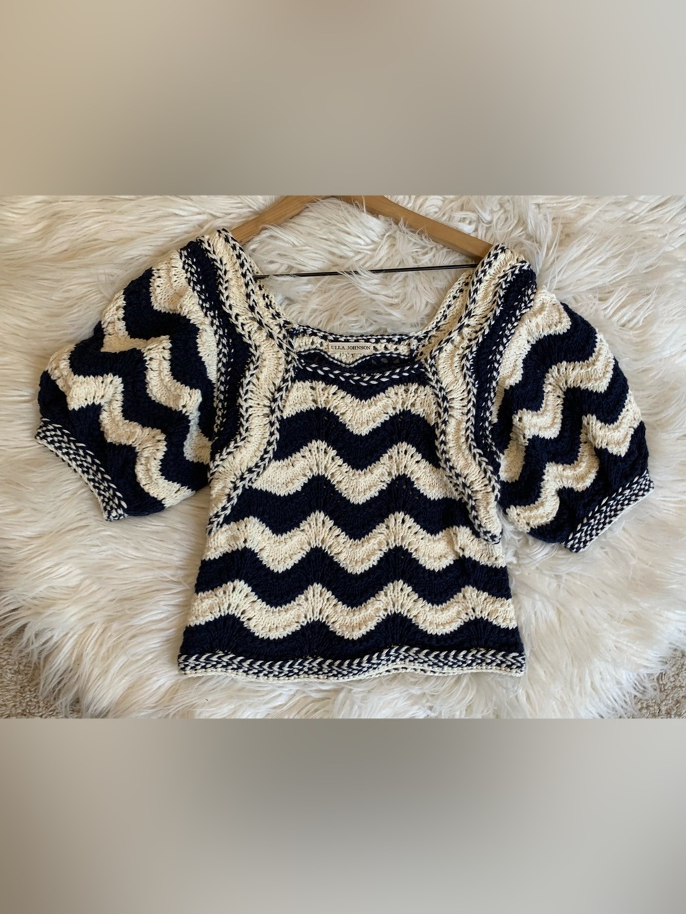 Ulla Johnson Luciana Wave Stripe Sweater Ivory Blue Size Small